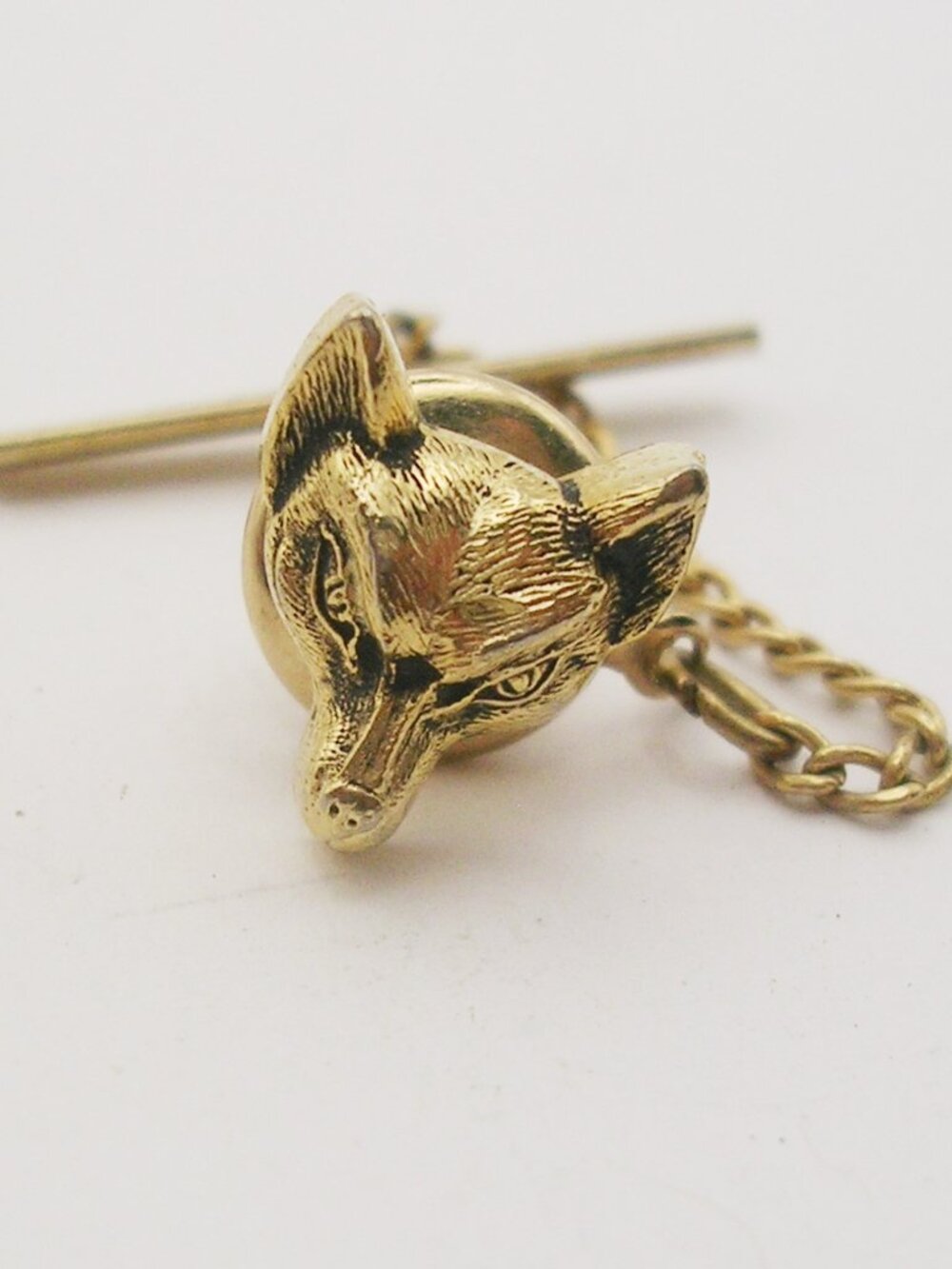 Vintage Fox Head Tie Tack Pin with Chain gold tone Man's Formal Suit Accessory